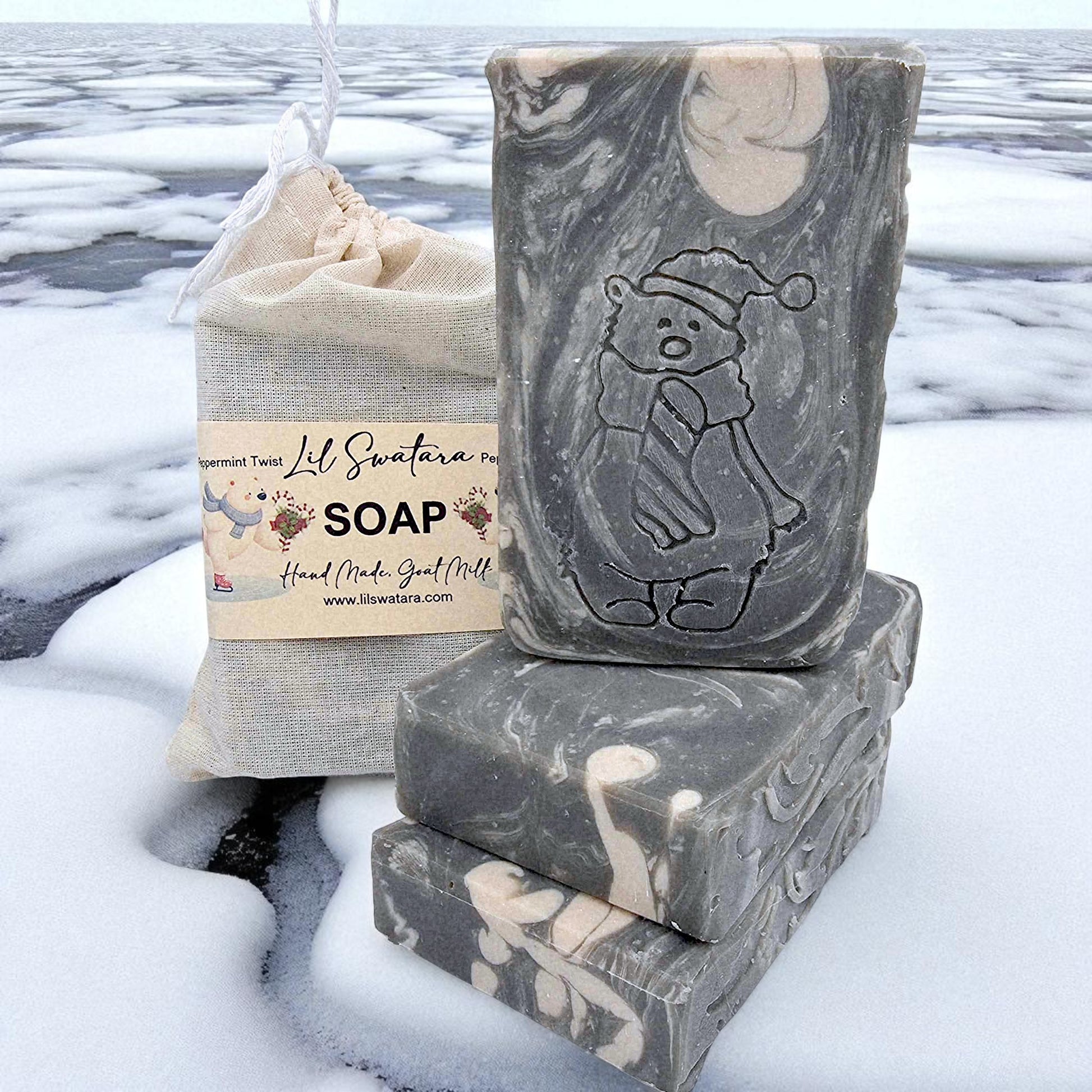 Full-size peppermint goat milk soap bar with creamy lather, frosted vanilla swirls, and spun sugar shimmer. Handmade, cold-processed, and perfect for winter gifting.