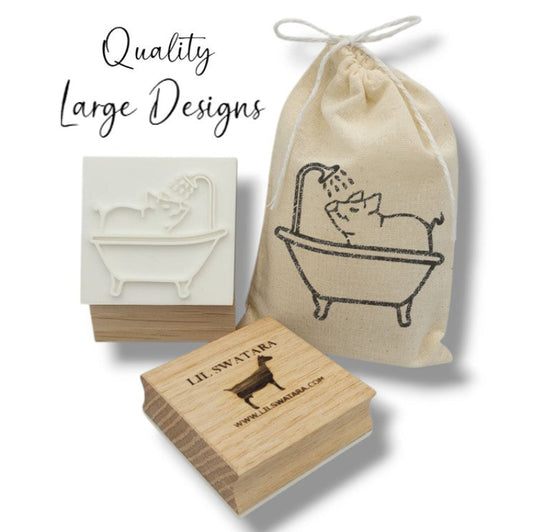 LARGE SOAP STAMP – Pig in Bathtub Farm Design creates LARGE, crisp impressions featuring a playful pig in a bathtub, perfect for whimsical farm and country handmade soaps.
