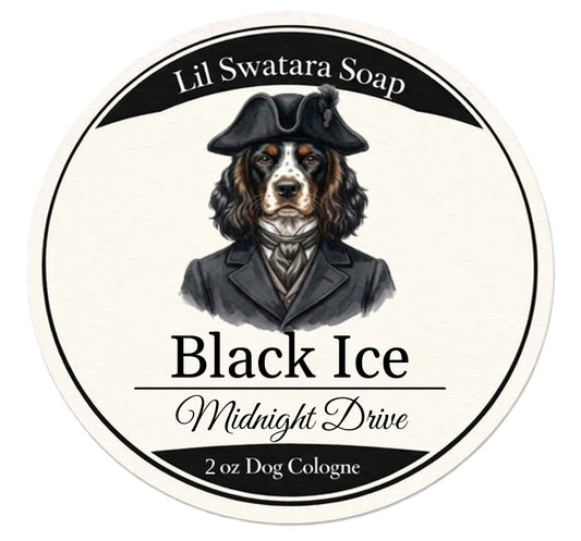 Dog freshening spray label with illustrated dog in suit, Black Ice scent, Lil Swatara Soap branding.