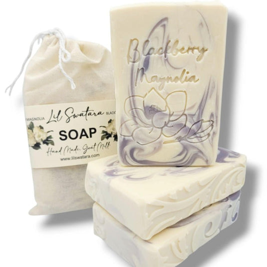 Blackberry magnolia goat milk soap bar with creamy lather, fruity floral scent, and soft orchard bloom for spring gifting
