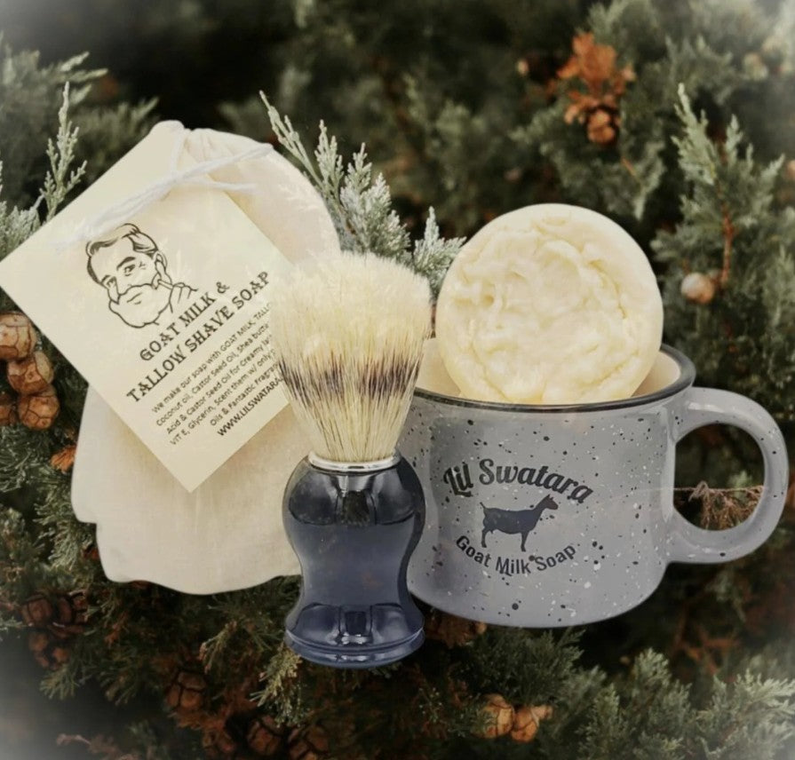 Creamy goat milk and tallow shave soap with spearmint. Includes discs, mug, and brush. Handmade, razor-friendly, and gift-ready. natural