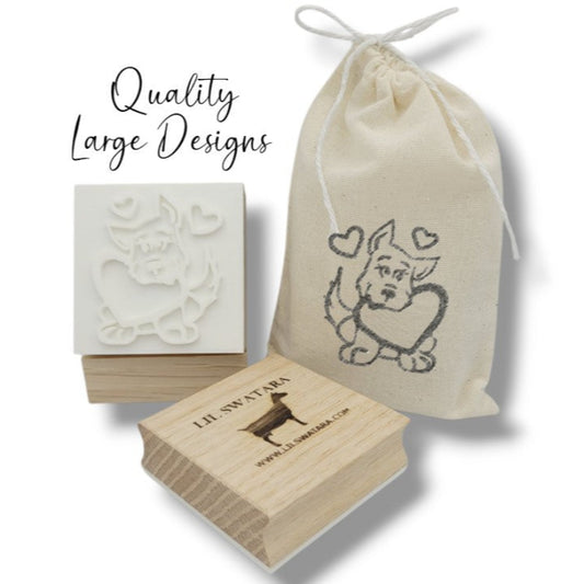 LARGE SOAP STAMP – Puppy Hearts Valentine Design creates LARGE, crisp impressions featuring a puppy holding hearts, perfect for romantic, seasonal, and dog lover handmade soaps.