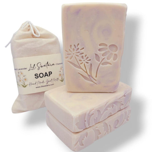 Chamomile Lavender Goat Milk Soap – 6oz bar steeped in creamy goat milk, scented with calming florals and herbal depth. Handmade for face and body.
