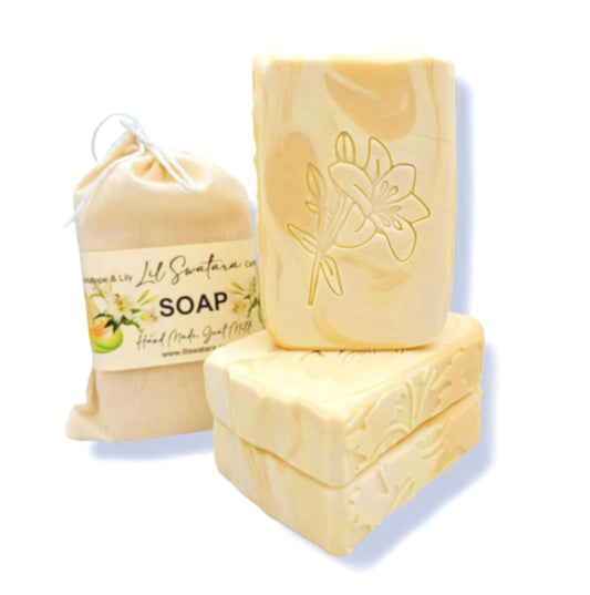 Melon Lily Goat Milk Soap bar with creamy lather and fruity floral scent, handmade for sensitive skin and summer gifting