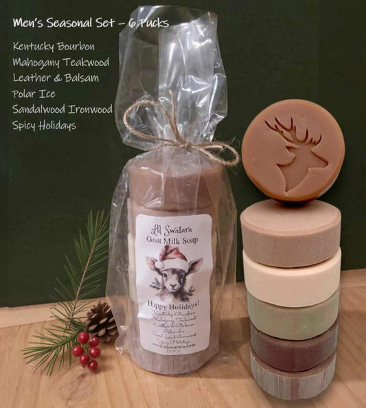 Men’s Seasonal Goat Milk Soap Puck Set – Holiday Gift Display, soap pucks in bold, earthy tones, curated for masculine holiday gifting.