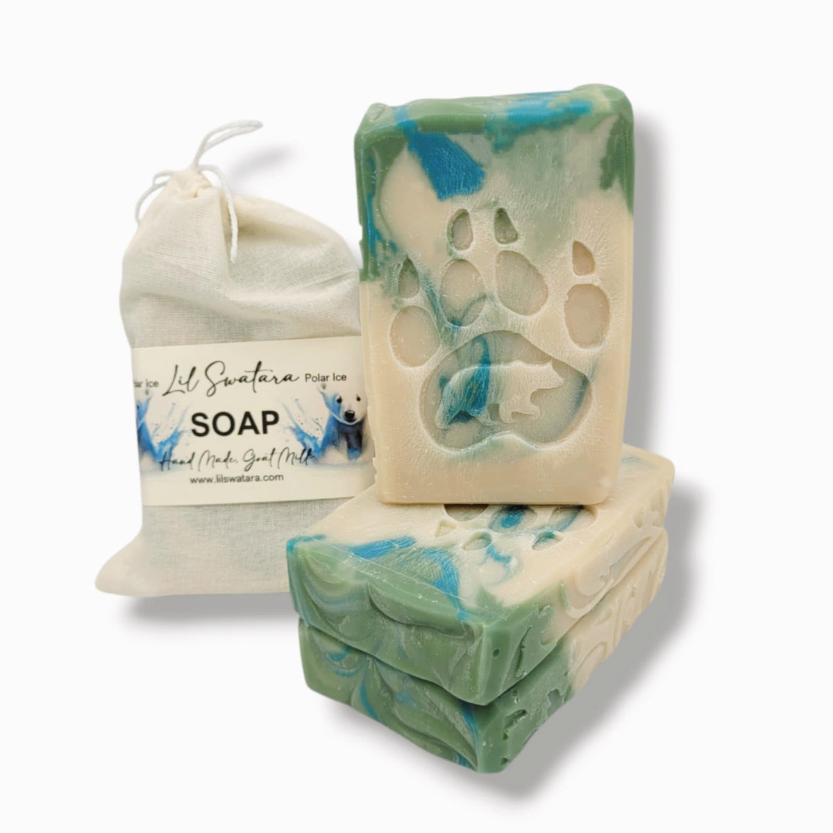 Northern Polar Ice goat milk soap bar for men, handmade with oak-inspired scent, rustic label, and muslin sack packaging
