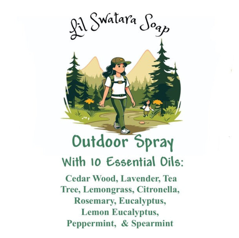Lil Swatara Soap outdoor spray label with a nature-themed illustration and essential oil list.