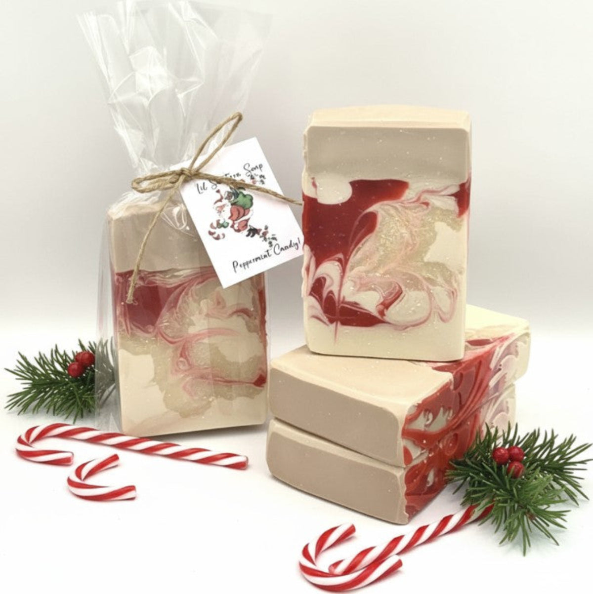 Handmade goat milk soap with crushed peppermint, sweet candy cane, and soft sugar crystals. A festive, creamy bar crafted for winter gifting, daily skin joy, and stocking stuffer magic.