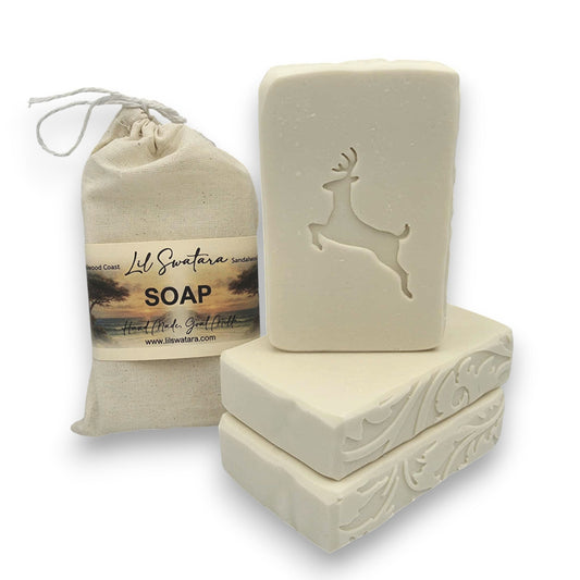 Goat milk soap bar with sandalwood, coastal musk, and creamy lather. Handmade, cold-processed, and inspired by masculine cologne. Perfect for rugged gifting and daily skin comfort.