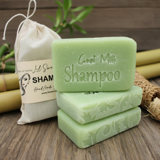 Handmade bamboo and hemp goat milk shampoo bar, XL 6oz, natural unisex hair cleanser on rustic wood background.