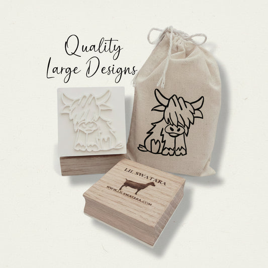 Highland cow soap stamp with large 54×54 mm recessed design and wood base.