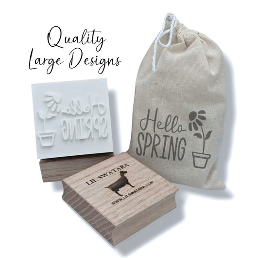 Hello Spring soap stamp with flower pot and flower design on red oak wood base, 57×44 mm.
