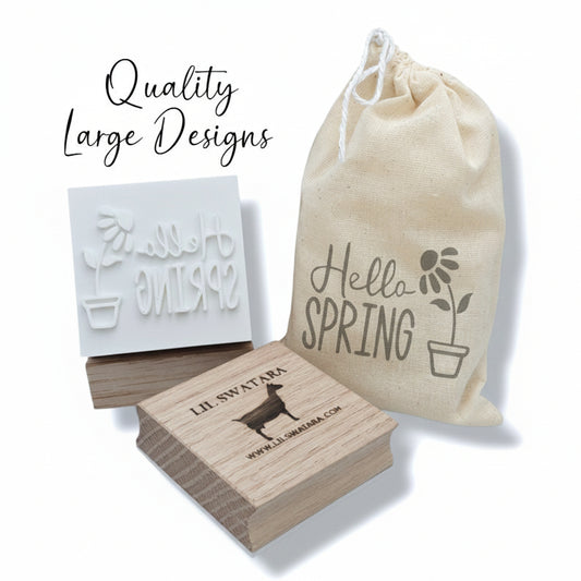 Hello Spring soap stamp with flower pot and flower design on red oak wood base, 57×44 mm.