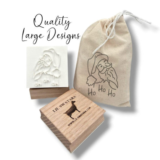 Wooden soap stamp with Santa Claus and “Ho Ho Ho” design, perfect for holiday-themed handmade soaps.