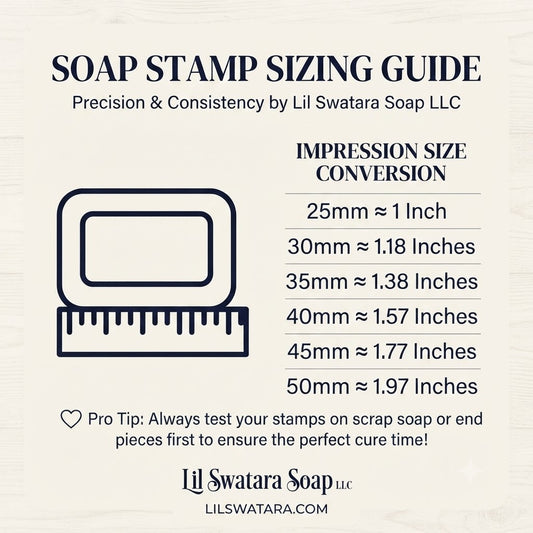 A sizing guide graphic for Lil Swatara Soap LLC soap stamps, showing an illustration of a soap stamp with a ruler and a conversion table for impression sizes from 25mm to 50mm in inches.