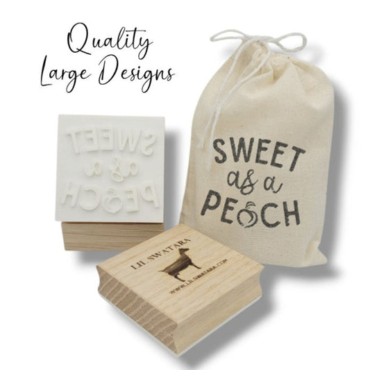 Sweet as a Peach soap stamp showing crisp impression on handmade soap bar, red oak wood base, 53mm x 56mm design with peach graphic letter