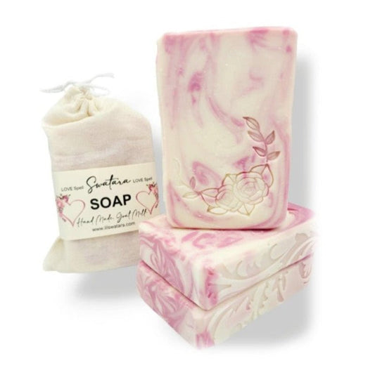 6oz goat milk soap bar with peach and rose florals. Cold-processed, creamy lather. Handmade for romantic, gentle cleansing.