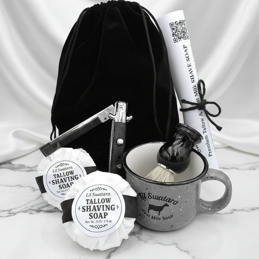 Creamy goat milk and tallow shave soap with spearmint. Includes discs, mug, and brush. Handmade, razor-friendly, and gift-ready. natural