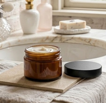 A single jar of unscented goat milk face cream with a black lid, resting on a slate tile on a weathered wooden bathroom counter.