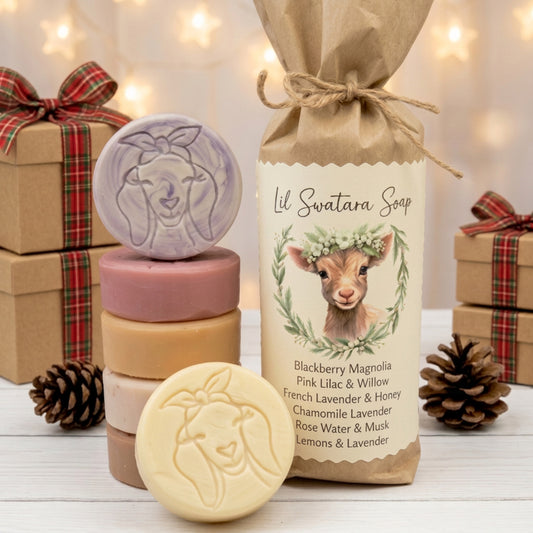 Women's Best Florals goat milk soap puck gift set featuring floral and feminine scents, individually wrapped handmade soaps in gift-ready packaging for a unique Christmas gift for women.