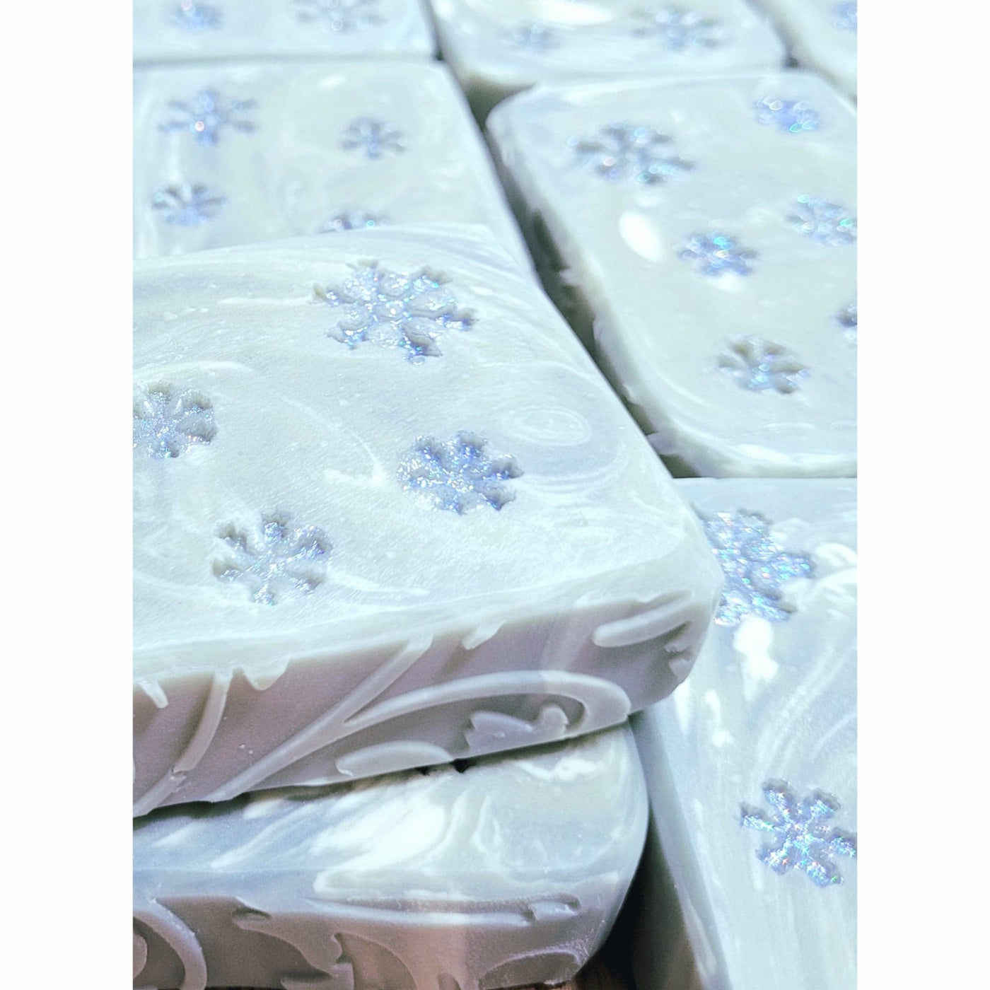 Snowflake soap impressions with mica highlights, lil swatara
