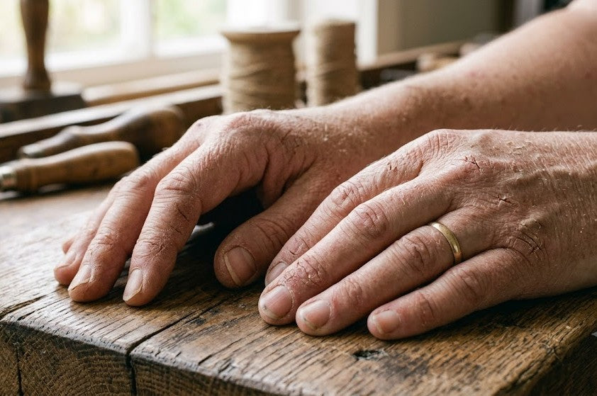 Close-up of cracked, hardworking hands on a worn wooden surface with workshop tools and twine in the background.