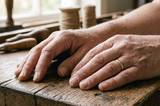 Close-up of cracked, hardworking hands on a worn wooden surface with workshop tools and twine in the background.