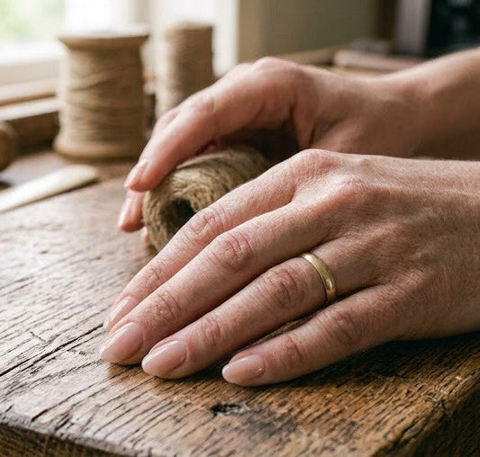 Close-up of hardworking hands resting on a wooden workbench beside twine, showing natural texture and rugged skin.
