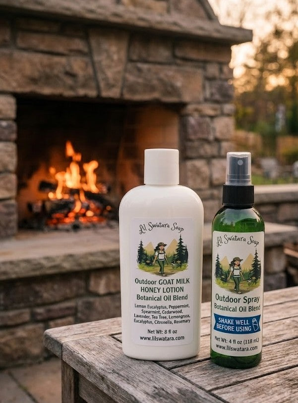 Outdoor spray, lotion, itch balm, spicket soap, and charcoal soap displayed for the Outdoor Care collection.