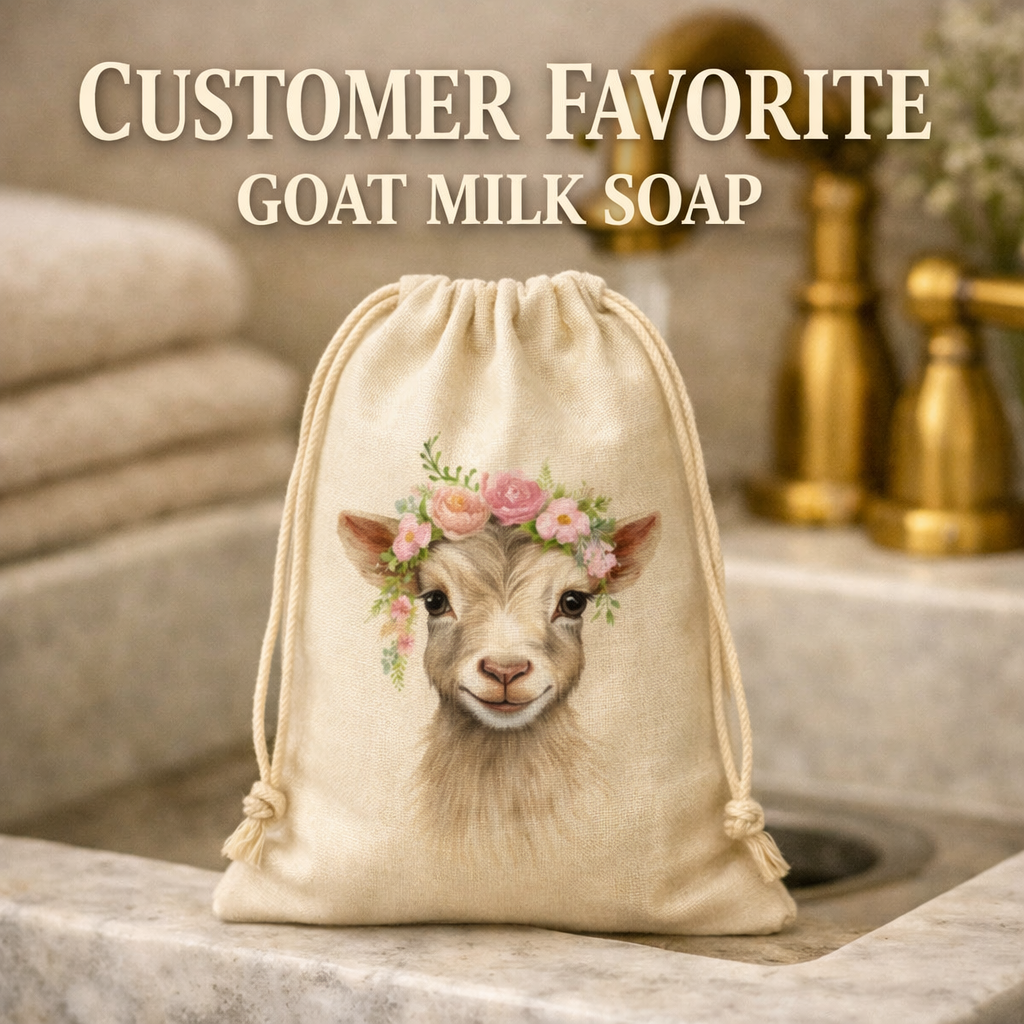 Slim muslin drawstring bag with goat logo on rustic farmhouse sink, blurred warm background, large text reading Customer Favorite Goat Milk Soap.