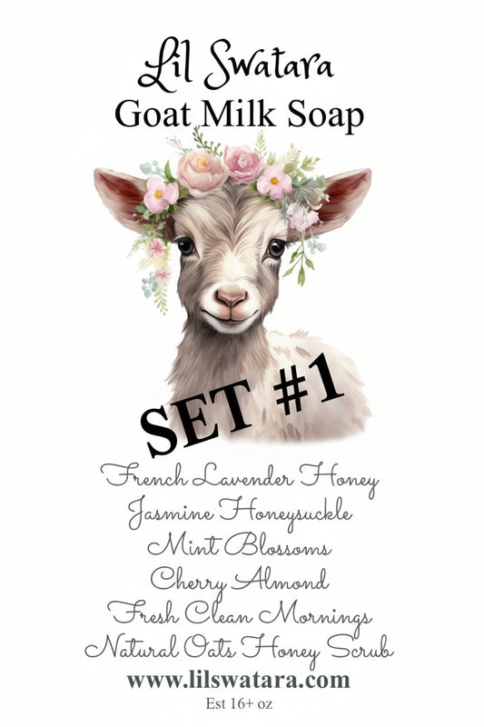 Goat milk soap puck set in clear bag with scent tag, wrapped in kraft paper for gifting, showing assorted handcrafted pucks in natural colors.