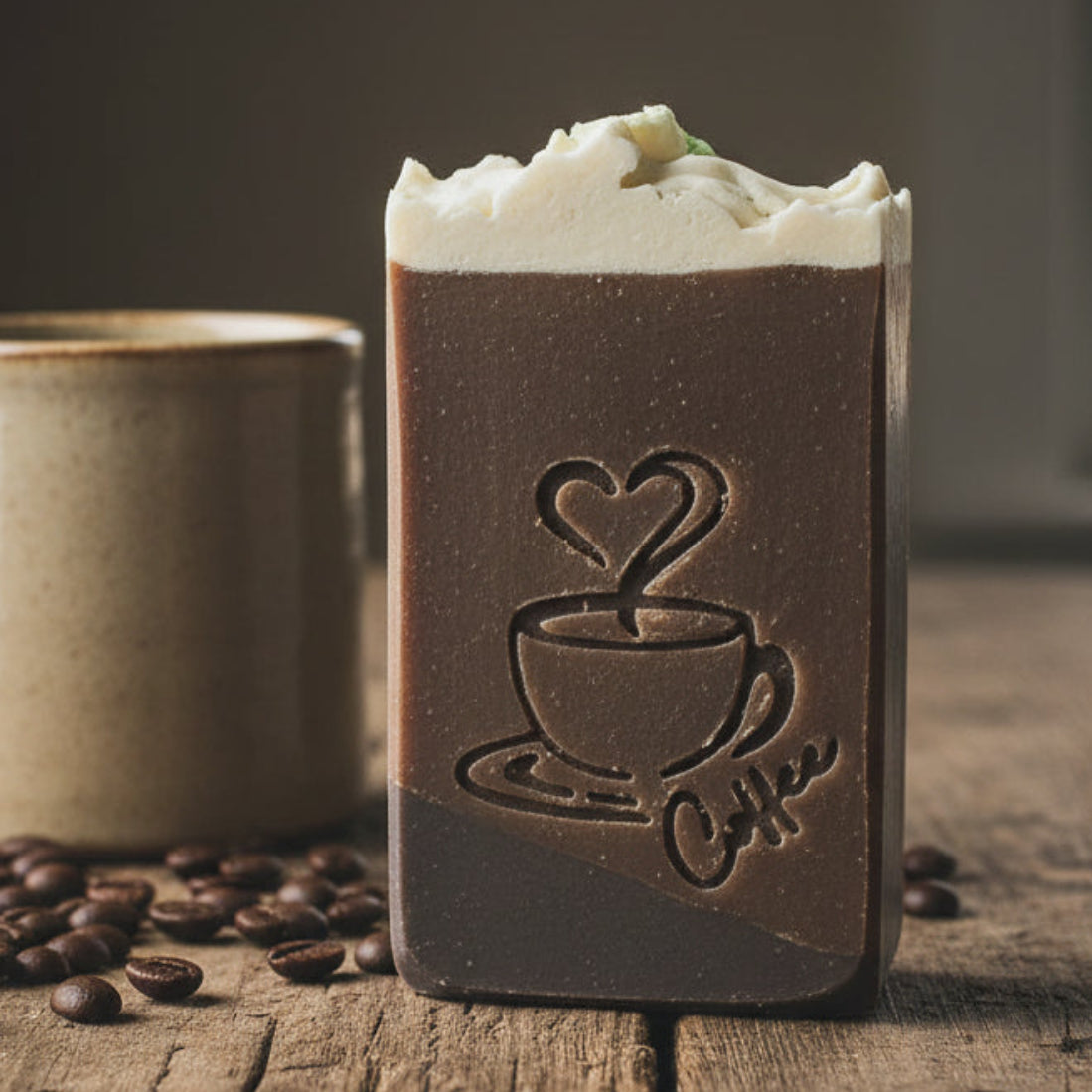 LARGE SOAP STAMP – Coffee Hot Mug Lover Design creates LARGE, crisp impressions featuring a steaming mug, perfect for cozy morning and coffee‑themed handmade soaps.
