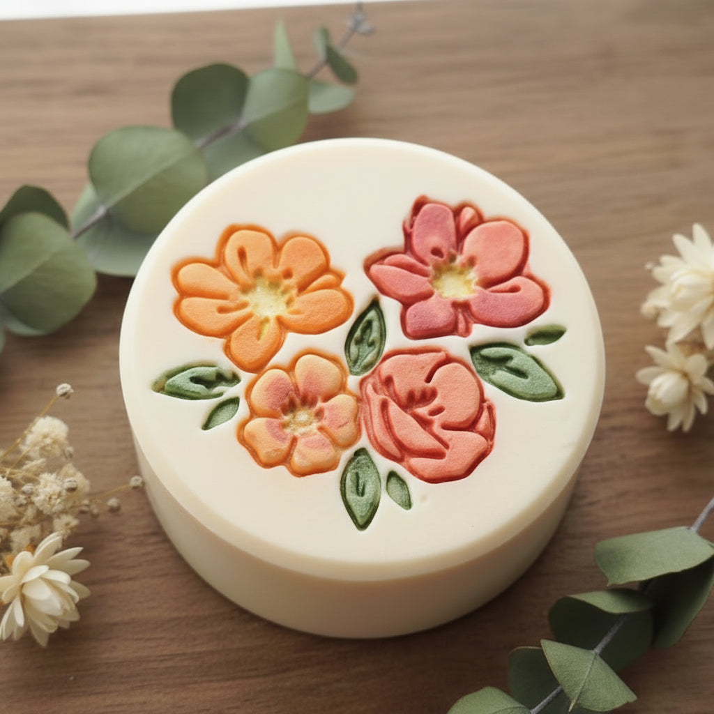 A single finished, stamped soap bar with intricately hand-painted mica-painted floral details, resting on a black tray.