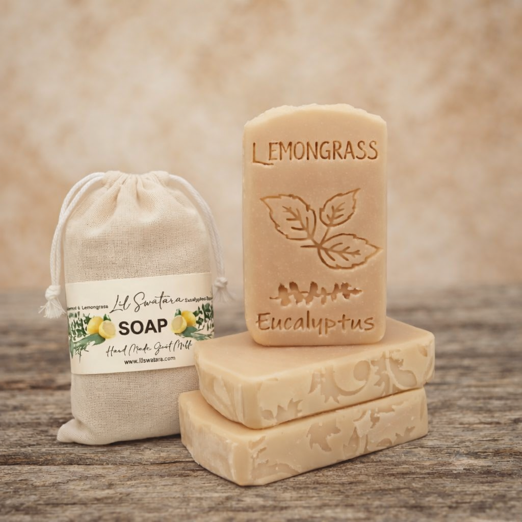 Close-up of tall handmade Euc Spear Lemongrass goat milk soap showing crisp lemongrass and eucalyptus engraving.