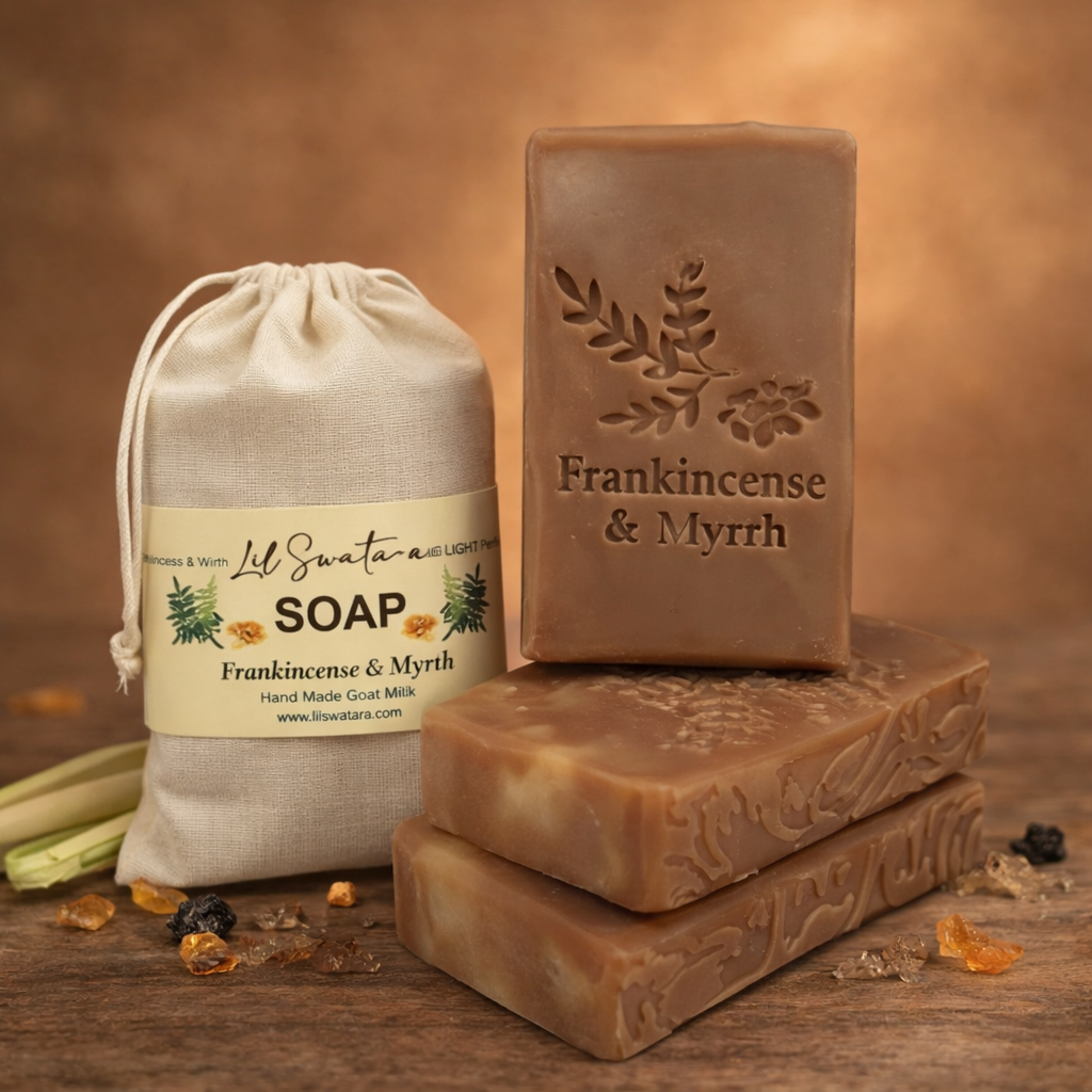 Frankincense & Myrrh tallow goat milk soap bars stacked with muslin sack on rustic wood surface, handcrafted by Lil Swatara Soap.