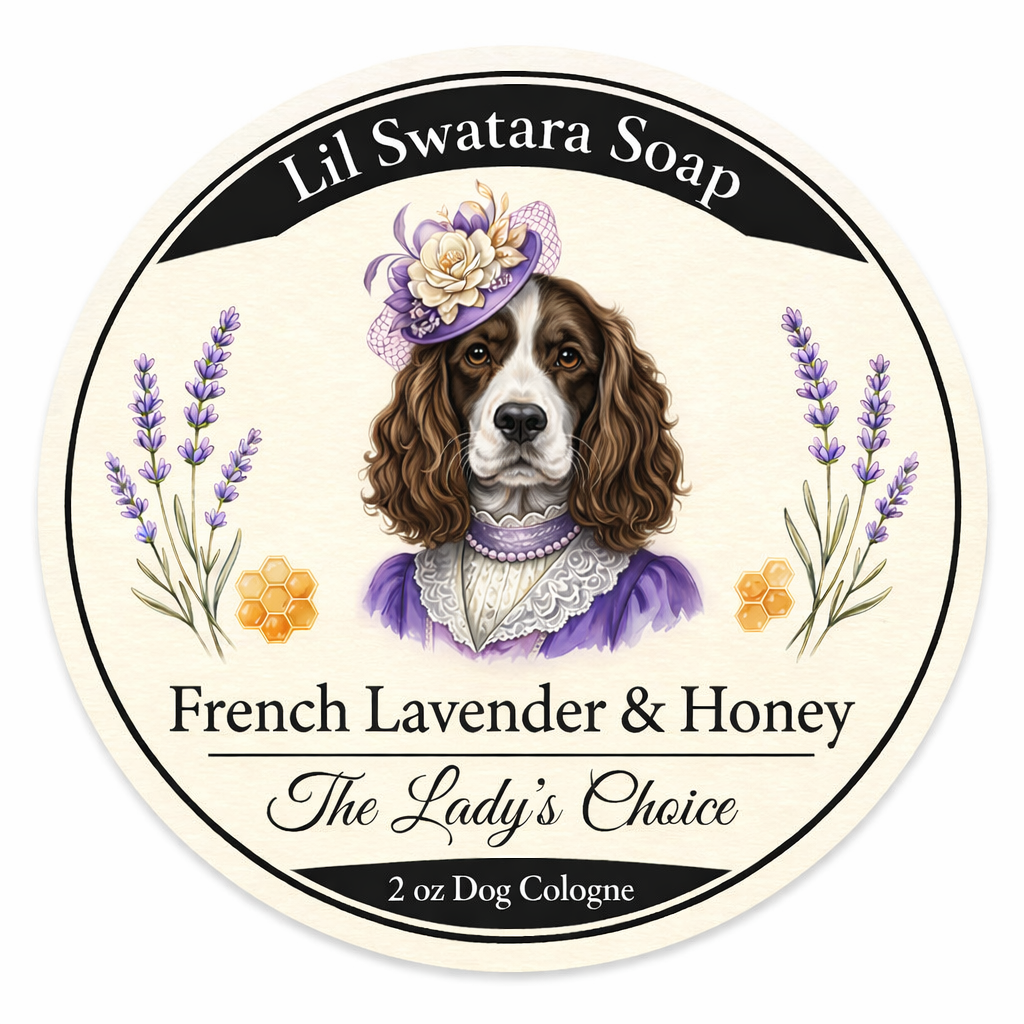 Dog freshening spray label with illustrated dog and lavender accents, French Lavender Honey scent, Lil Swatara Soap branding