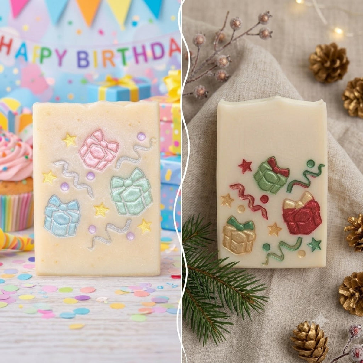 A side‑by‑side collage showing two handmade soaps embossed with gift‑box designs. The left soap features pastel colors and a bright birthday background with cupcakes, confetti, and a “Happy Birthday” banner. The right soap displays red, green, and gold tones with pinecones and evergreen décor for a Christmas theme. Both highlight the versatility of the Gift Boxes Soap Stamp for holiday and birthday collections.