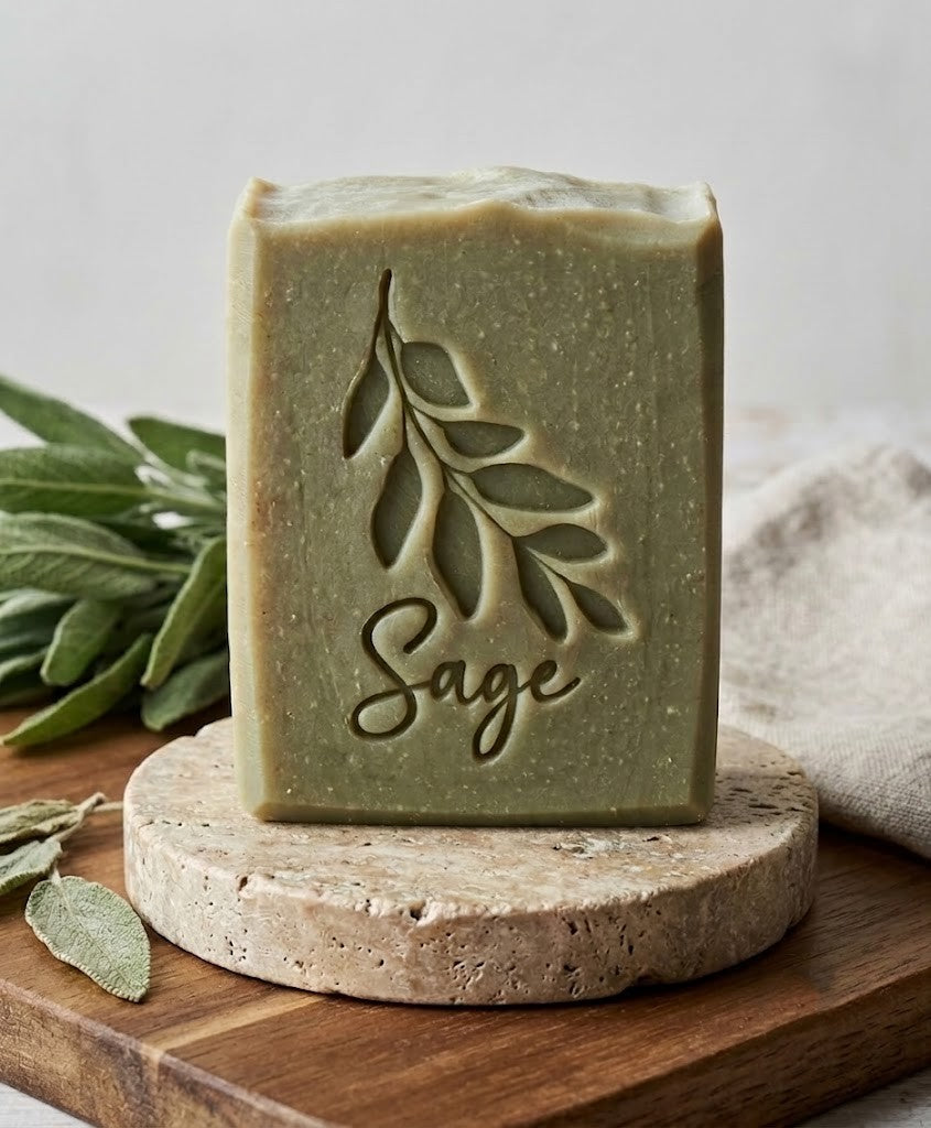 LARGE SOAP STAMP – Sage Word and Sprig Herb Essential Oil Design Creates LARGE, crisp impressions featuring the SAGE word and sprig, perfect for herbal soap lines, essential oil batches, botanical collections, and garden inspired artisan bars.