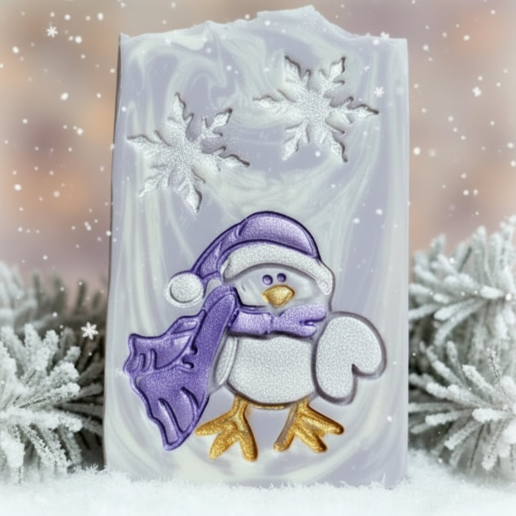 Cute Christmas winter soap stamp, bird winter holiday design lil swatara Creates LARGE, crisp impressions featuring a winter bear bundled in a hat and scarf, perfect for Christmas soaps, winter artisan batches, holiday gifting, and festive seasonal collections.