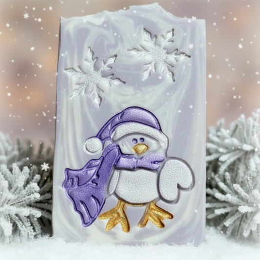 Cute Christmas winter soap stamp, bird winter holiday design lil swatara Creates LARGE, crisp impressions featuring a winter bear bundled in a hat and scarf, perfect for Christmas soaps, winter artisan batches, holiday gifting, and festive seasonal collections.