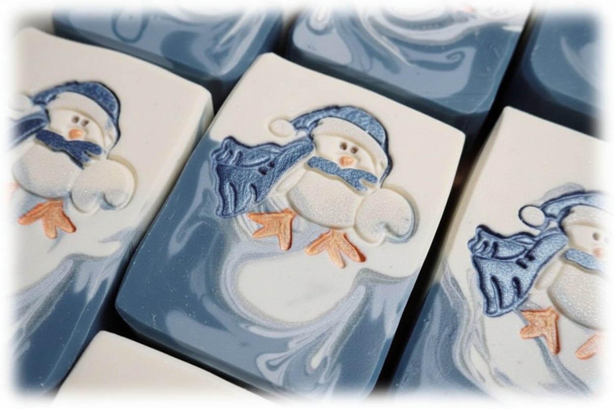 Cute Christmas winter soap stamp, bird winter holiday design lil swatara Creates LARGE, crisp impressions featuring a winter bear bundled in a hat and scarf, perfect for Christmas soaps, winter artisan batches, holiday gifting, and festive seasonal collections.