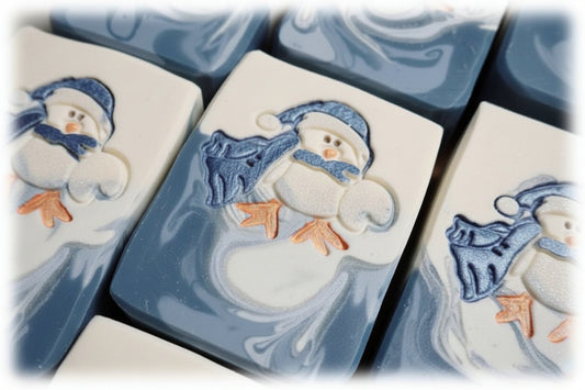 Cute Christmas winter soap stamp, bird winter holiday design lil swatara Creates LARGE, crisp impressions featuring a winter bear bundled in a hat and scarf, perfect for Christmas soaps, winter artisan batches, holiday gifting, and festive seasonal collections.