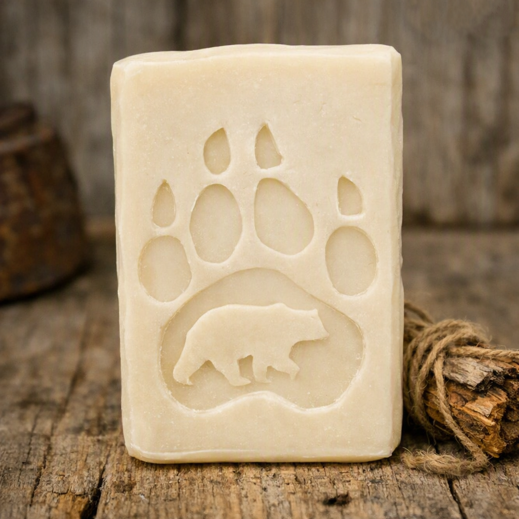 LARGE SOAP STAMP – Bear in Paw Wildlife Rustic Outdoor Design creates LARGE, crisp impressions featuring a bold bear paw, perfect for wildlife artisan soaps, rustic outdoor batches, forest themed gifting, cabin collections, camping enthusiasts, and wilderness inspired designs.