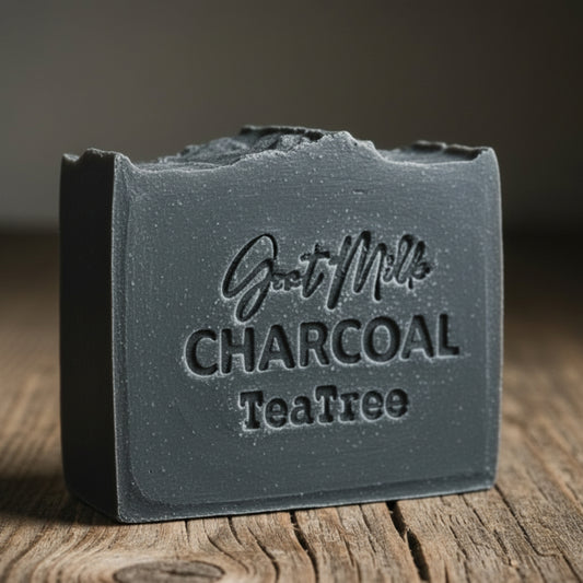 LARGE SOAP STAMP – Charcoal Tea Tree Goat Milk Natural Detox Design Creates LARGE, crisp impressions featuring charcoal, tea tree, and goat milk elements, perfect for detox soaps, natural purifying batches, goat milk collections, and clean wellness artisan lines.