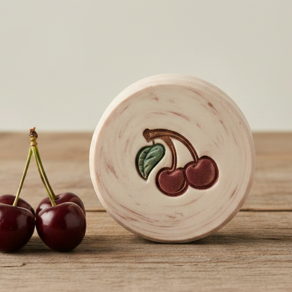 LARGE SOAP STAMP – Cherries Sweet Fruit Kitchen Orchard Design creates LARGE, crisp impressions featuring bright cherries, perfect for sweet fruit artisan soaps, kitchen themed batches, summer market displays, orchard inspired gifting, and cheerful handmade collections.