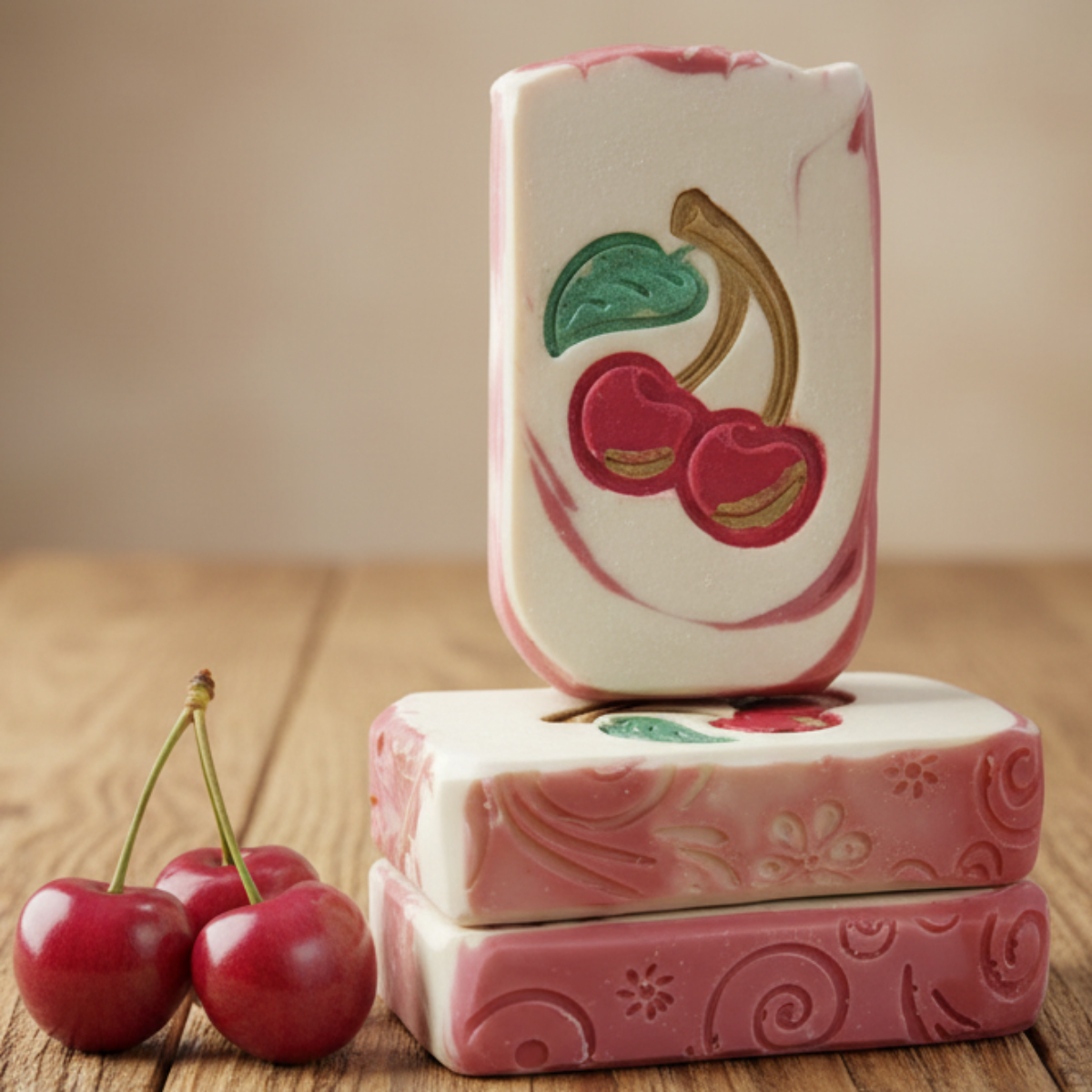 LARGE SOAP STAMP – Cherries Sweet Fruit Kitchen Orchard Design creates LARGE, crisp impressions featuring bright cherries, perfect for sweet fruit artisan soaps, kitchen themed batches, summer market displays, orchard inspired gifting, and cheerful handmade collections
