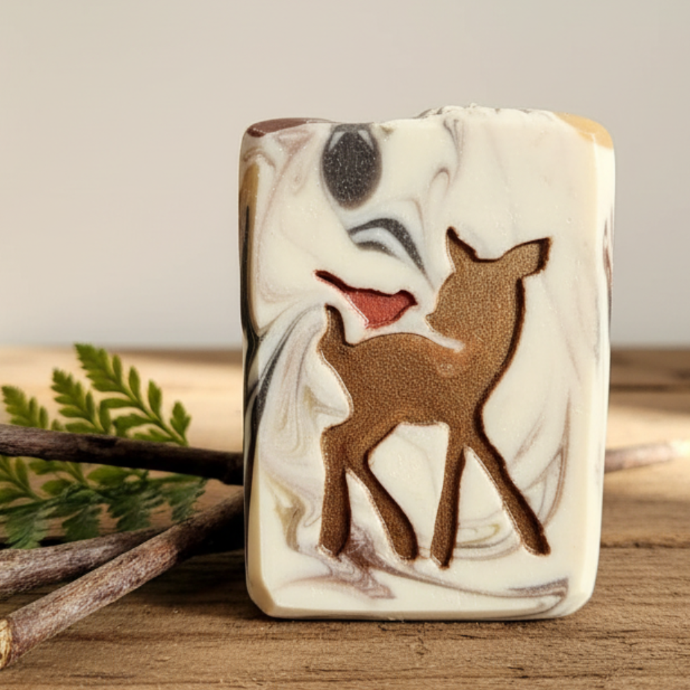 LARGE SOAP STAMP – Deer Fawn and Bird Wildlife Woodland Nature Design creates LARGE, crisp impressions featuring a gentle deer fawn with its bird companion, perfect for wildlife artisan soaps, woodland themed batches, nature lover gifting, and peaceful forest inspired collections.

