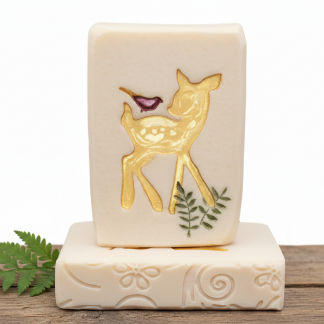 LARGE SOAP STAMP – Deer Fawn and Bird Wildlife Woodland Nature Design creates LARGE, crisp impressions featuring a gentle deer fawn with its bird companion, perfect for wildlife artisan soaps, woodland themed batches, nature lover gifting, and peaceful forest inspired collections.
