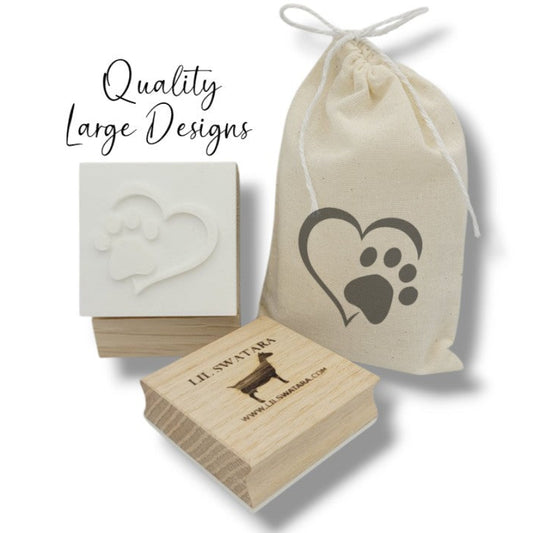 LARGE SOAP STAMP – Dog Paw in Heart Pet Lover Memorial Grooming Design creates LARGE, crisp impressions featuring a loving dog paw inside a heart, perfect for pet lover artisan soaps, memorial batches, grooming bars, and heartfelt animal themed collections.