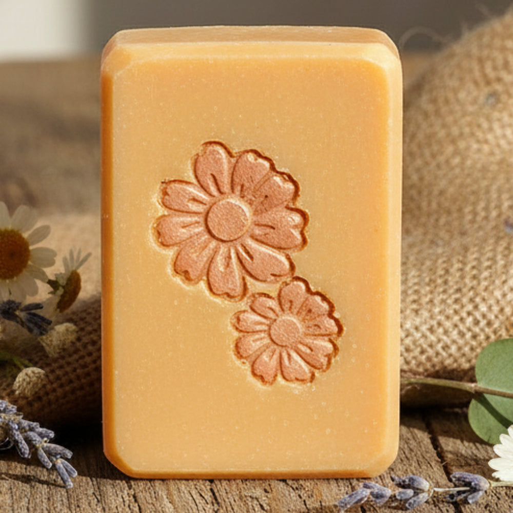 LARGE SOAP STAMP – Double Flower Botanical Garden Design creates LARGE, crisp impressions featuring two blooming flowers, perfect for botanical artisan soaps, garden inspired gifting, spring collections, wedding batches, and charming floral designs.